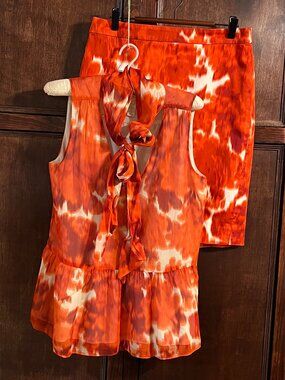 J CREW PEPLUM NECK TIE SILK BLOUSE & PENCIL COTTON SKIRT